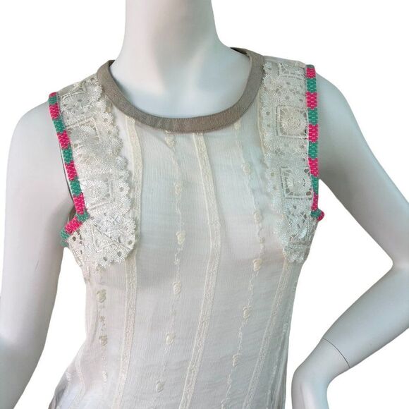 Custo Barcelona Sheer Ivory Lace Sleeveless Tank Top with Pink & Green Trim, S - Picture 3 of 7